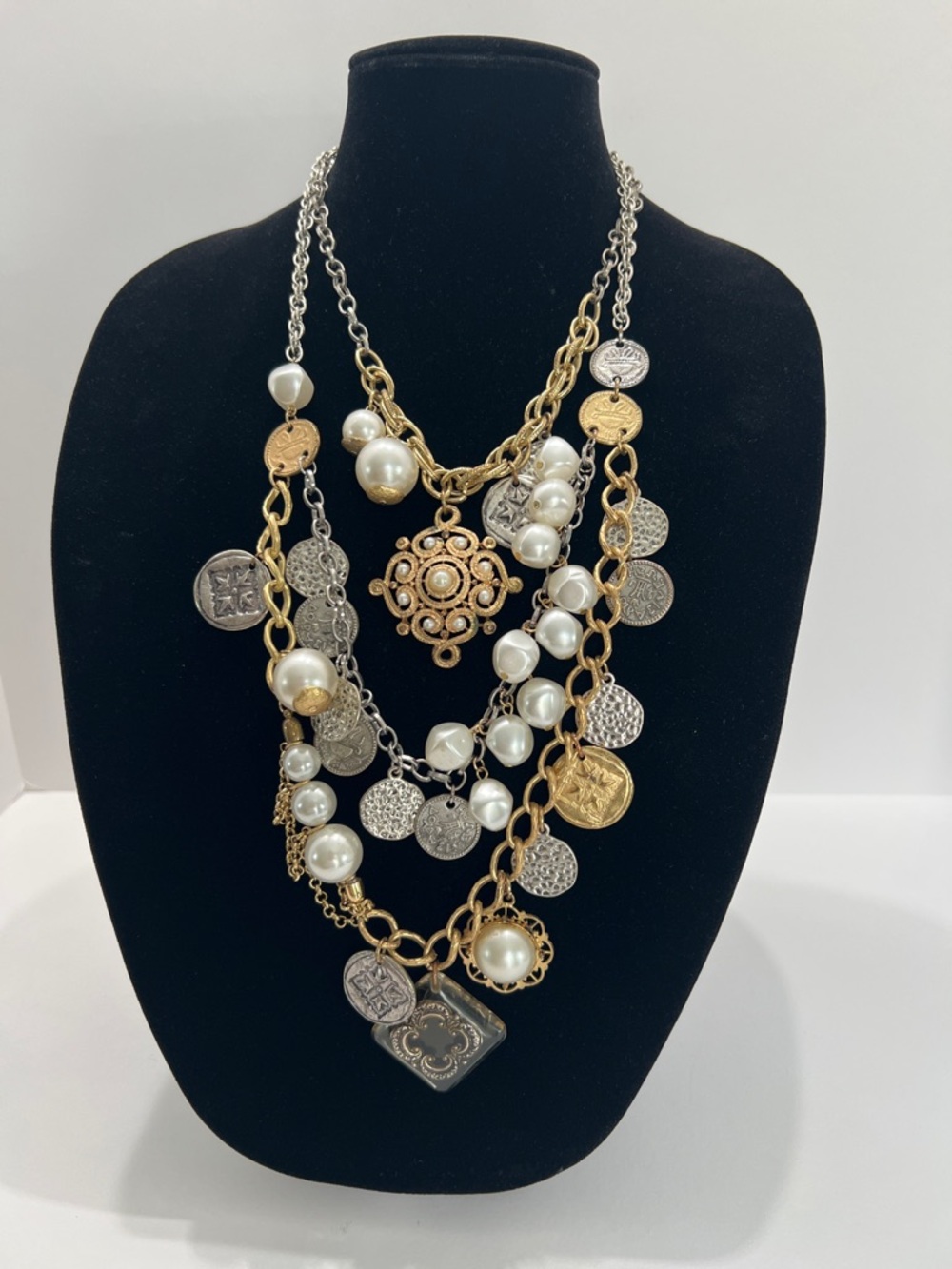 CHICO’S Sophie Multi-Strand Gold & Silver Coin Pearl Charm Statement necklace